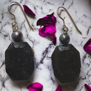 Artistic Obsidian Hematite Black Gemstone Sterling Silver Wire Pierced Earrings